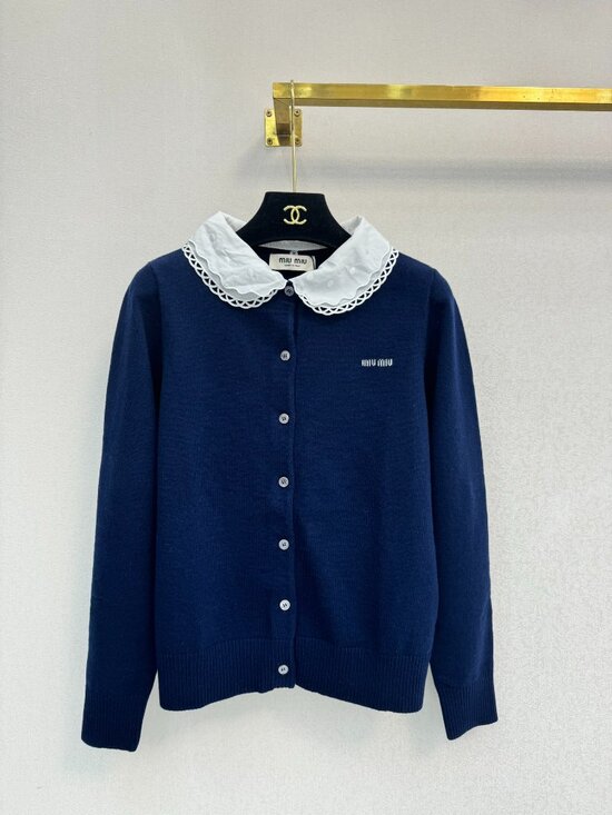 Miu Miu Sweaters - Miu Miu Lace Collar Knit Cardigan - Navy - Size L